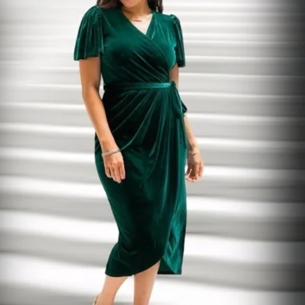Nwt Ivy City Emerald Green Velvet Midi Nursing Waist Tie-Tulip Party Dress